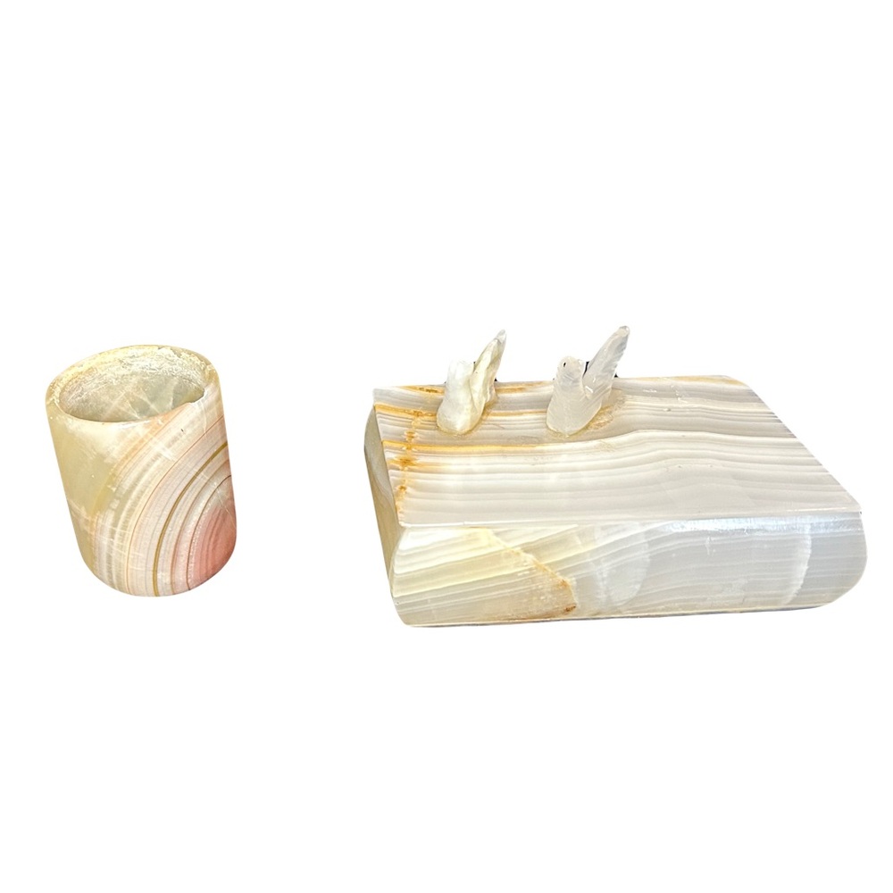 Vintage White Onyx Bird Lovebirds Trinket Jewelry Box And Small Cup